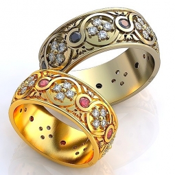 Эксклюзивные двухсплавные обручальные кольца в стиле русское узорочье с драгоценными камнями. Вес от 6 г.