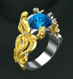  Эксклюзивное двухсплавное кольцо с крупным сапфиром и осьминогом в стиле модерн. Вес - около 7 г.