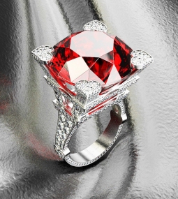 Эксклюзивное кольцо в виде Эйфелевой башни из белого сплава в стиле ампир с крупным рубином. Вес - от 5 г. 