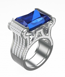 Эксклюзивное кольцо из белого сплава с крупным сапфиром и бриллиантами в стиле арт - деко. Вес - от 8 г.