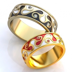 Эксклюзивные двухсплавные обручальные кольца с эмалью в стиле модерн с драгоценными камнями
