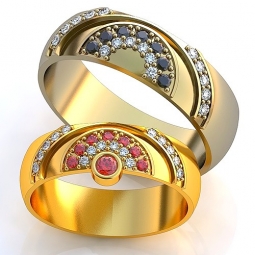 Эксклюзивные двухсплавные обручальные кольца в стиле русского узорочья с драгоценными камнями 