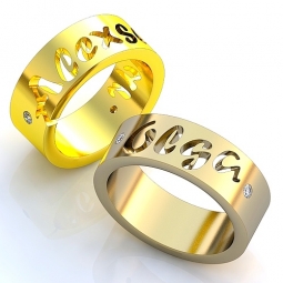 Эксклюзивные двухсплавные обручальные кольца с именами супругов в стиле хай - тек с камнями. Вес от 6 г.