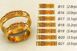 Обручальные кольца 585 пр. широкие в классическом стиле с рисунком от 15 до 21 размера. Вес от 2.8 г.