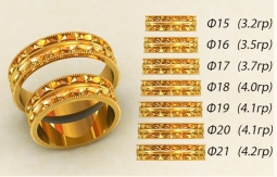 Обручальные кольца 585 пр. широкие в классическом стиле с рисунком от 15 до 21 размера. Вес от 3.2 г.