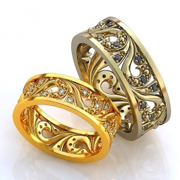 Эксклюзивные двухсплавные обручальные кольца в стиле русское узорочье с драгоценными камнями. Вес от 6 г.