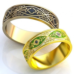 Эксклюзивные двухсплавные обручальные кольца в стиле модерн с эмалью с камнями. Вес от 6 г.